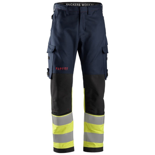 Snickers Workwear - 6363 ProtecWork Class 1 High Visibility Long Work Trousers, Navy Blue/Yellow