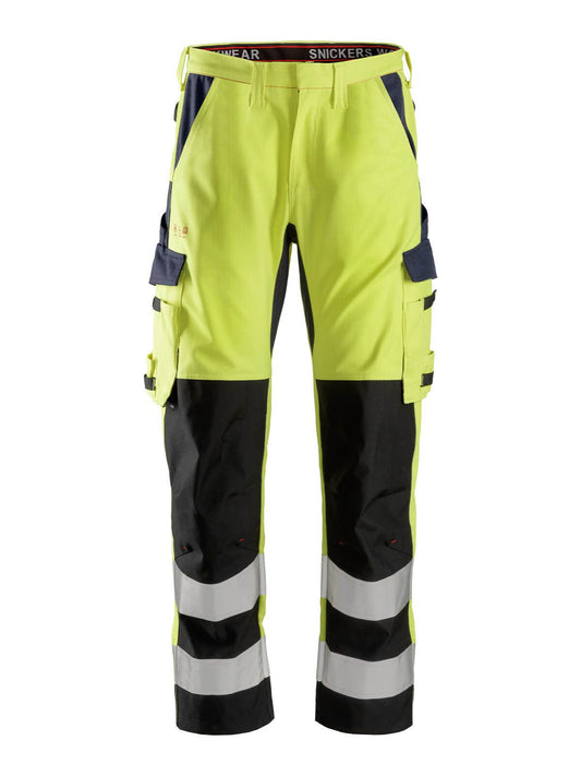 Snickers Workwear 63646695050 - 6364 Pantalones largos de trabajo de alta visibilidad clase 2 con espinilla reforzada ProtecWork amarillo-azul marino talla 50