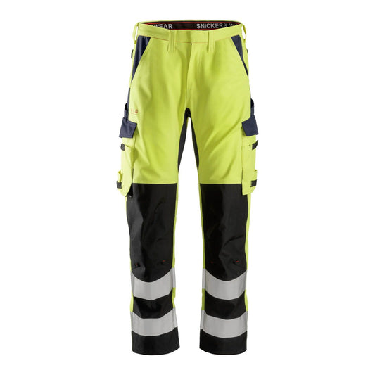 Snickers Workwear - 6364 High Visibility Class 2 Long Work Trousers with Reinforced Shin ProtecWork Yellow-Navy