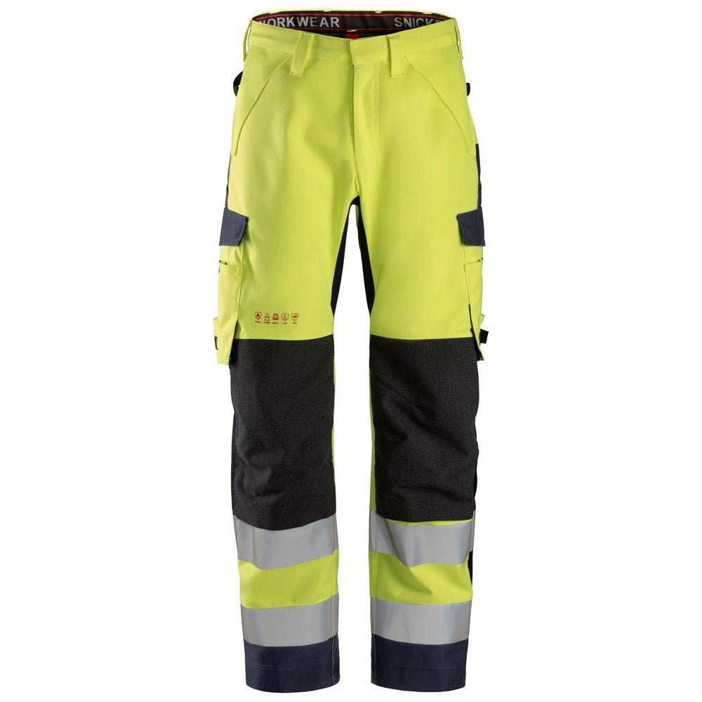 Snickers Workwear - 6563 ProtecWork Class 2 High Visibility Waterproof Long Work Trousers, Yellow/Navy