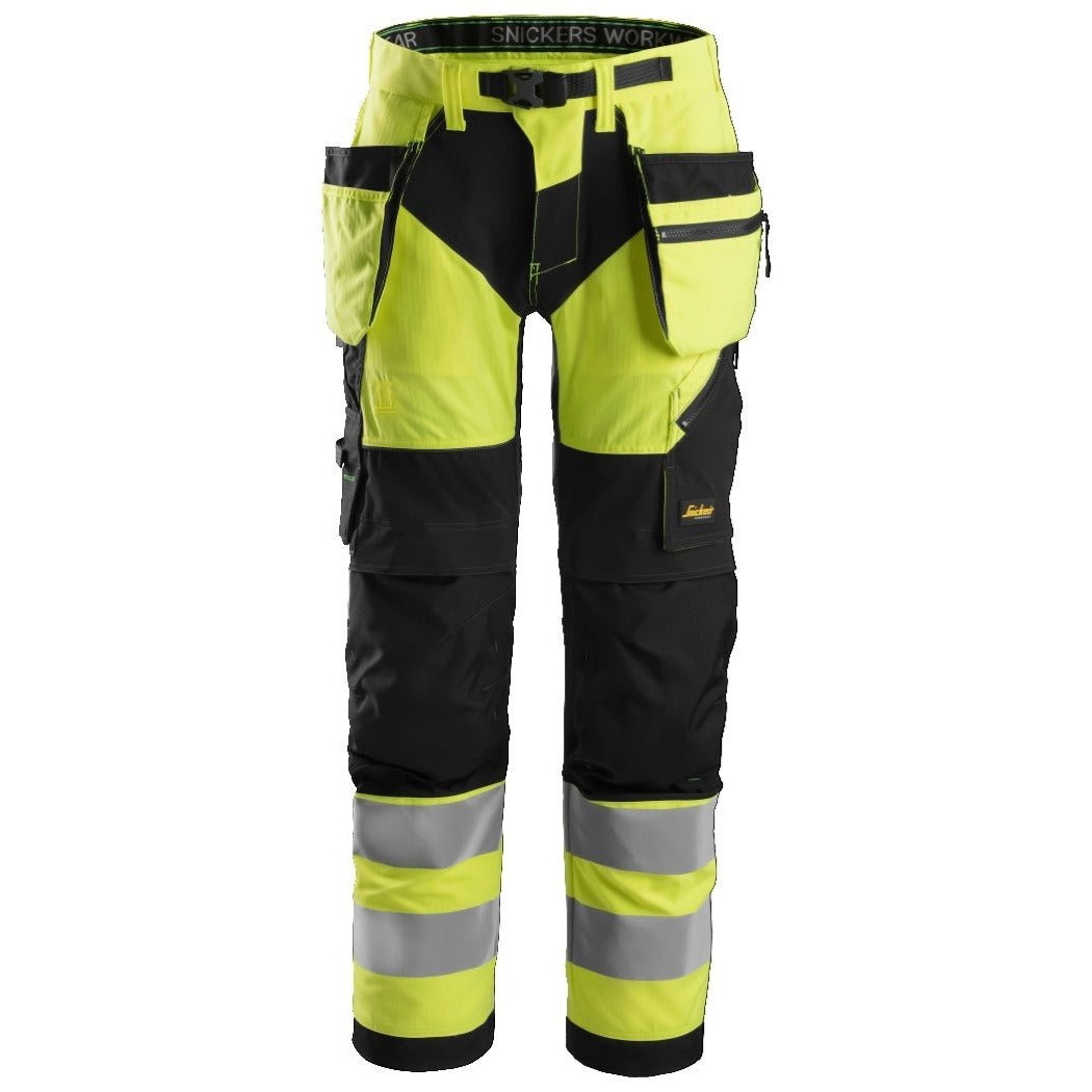 Snickers Workwear - 6932 FlexiWork+ High Visibility Long Trousers with Class 2 Floating Pockets, Yellow/Black
