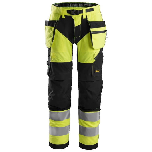 Snickers Workwear - 6932 FlexiWork+ High Visibility Long Trousers with Class 2 Floating Pockets, Yellow/Black