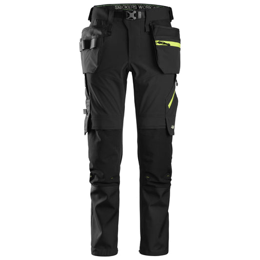 Snickers Workwear - 6940 Pantalones largos de trabajo elásticos FlexiWork Softshell Slim Fit bolsillos flotantes negro/ amarillo neón