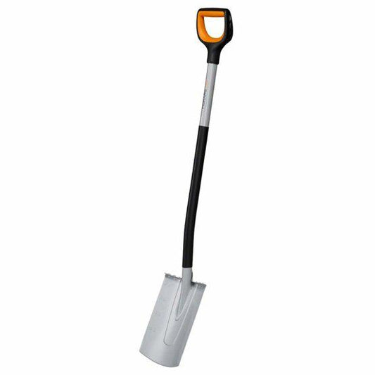 Fiskars Pala de jardinero para suelos blandos y poco pedregosos, Redondeada, Longitud: 120 cm, Hoja de acero al boro reforzada, Negro/Naranja, Xact, 1066730