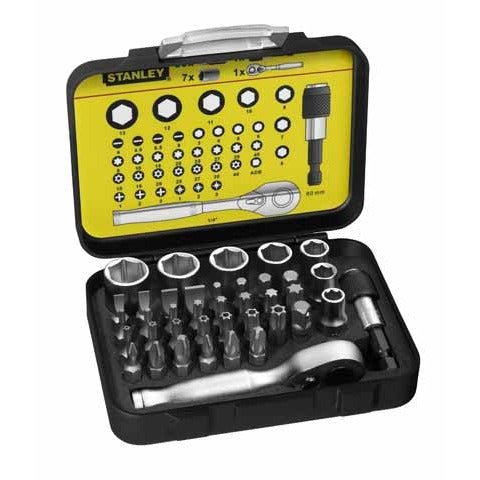 STANLEY 1-13-906 - Juego 39 piezas, incluye puntas 1/4'', llaves de vaso y mini llave con carraca 1/4'' - Ferrotecnia