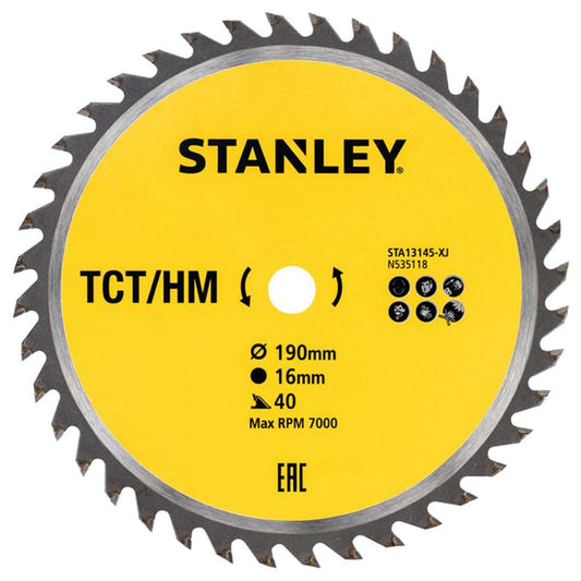 Stanley Accesorios Sta13145- XJ Hoja Tct, diam 190 x 16 mm 40 Dientes Positivos Atb