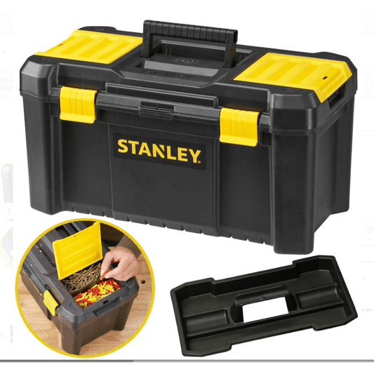 STANLEY Caja de herramientas de plástico con cierre de plástico, 48,2 x 25,4 x 25 cm, asa ergonómica, organizadores en la tapa, bandeja interior extraíble, orificio para candado, STST1-75520 - Ferrotecnia