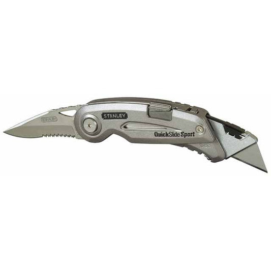 STANLEY Cuchillo Quickslide Sport 120mm, Hoja de Acero Inoxidable, Bloqueo con Pulsador, Cuerpo Metálico Compacto y Ergonómico, Incluye 2 Hojas, 0-10-813 - Ferrotecnia