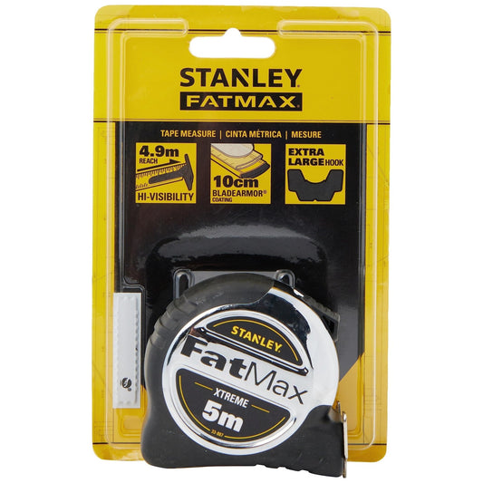 STANLEY FATMAX Flexometro Xtreme Blade Armor 5m x 32 mm, Funda XL Antichoque, Bloqueo de Cinta, Gancho Multienchufe de 3 Remaches, Revestimiento Blindado, Cinta Gruesa, 0-33-887 - Ferrotecnia