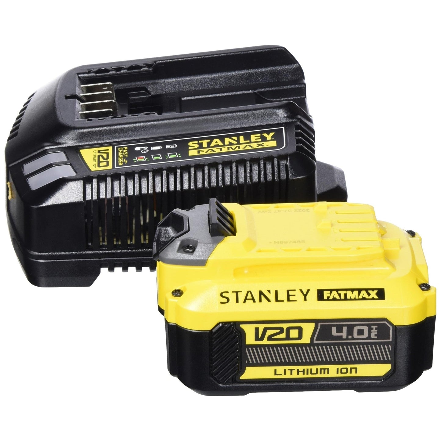 STANLEY FATMAX Kit de Batería y Cargador V20 Litio 18V 4Ah, sin efecto memoria, alta autonomía, indicador LED, carga de hasta 60 min para batería de 4Ah, SFMCB14M1-QW - Ferrotecnia