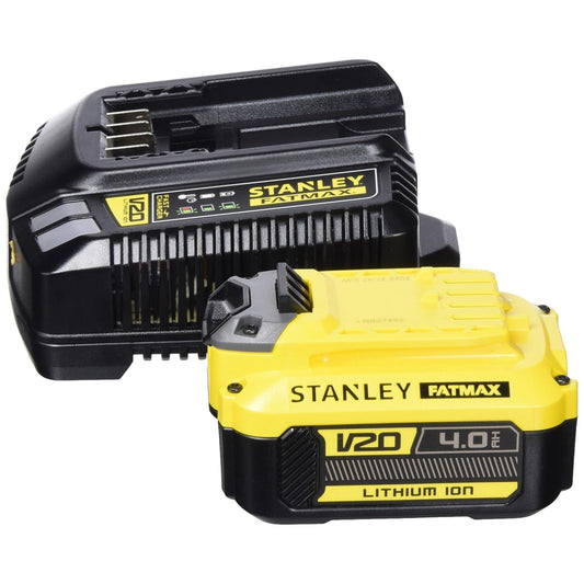 STANLEY FATMAX Kit de Batería y Cargador V20 Litio 18V 4Ah, sin efecto memoria, alta autonomía, indicador LED, carga de hasta 60 min para batería de 4Ah, SFMCB14M1-QW - Ferrotecnia