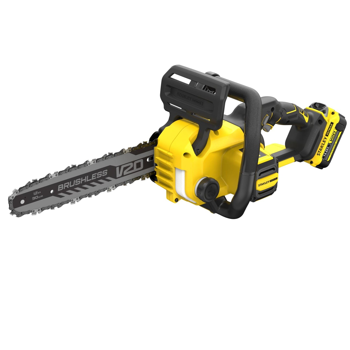 STANLEY FATMAX SFMCCS730M1-QW - Motosierra inalámbrica (18 V, longitud de la espada de 30 cm, motor sin escobillas, con 2 empuñaduras y protección de la mano, adecuada para trabajos de madera y jardín