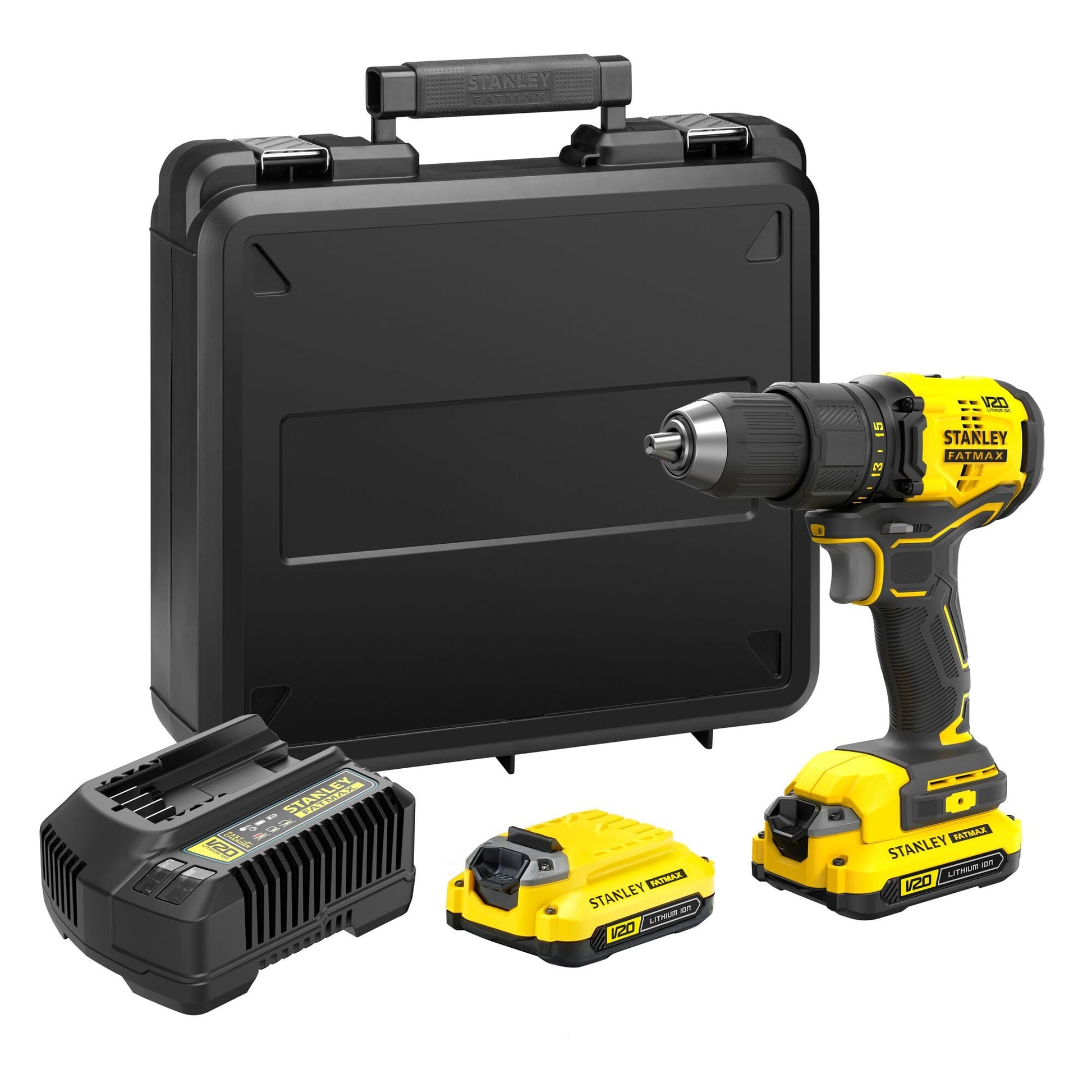 STANLEY FATMAX SFMCD710C2K-QW - Taladro atornillador 18V, Gama V20, Motor sin escobillas, Par de giro máx. 60 Nm, Luz LED, Incl. 2 baterías recargables 1,5 Ah, cargador, maletín