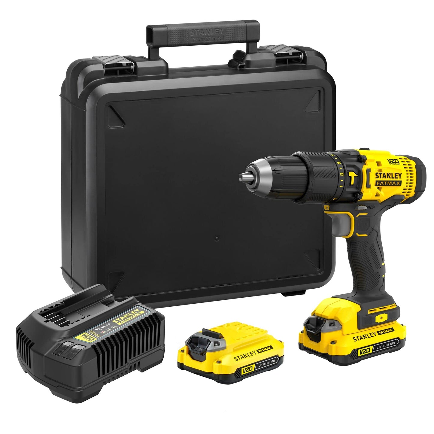 STANLEY FATMAX SFMCD711C2K-QW - Taladro Percutor 18V, Gama V20, Par de giro máx. 50 Nm, Engranaje planetario de 2 velocidades, Luz LED, Incl. 2 baterías 1,5 Ah, cargador y maletín