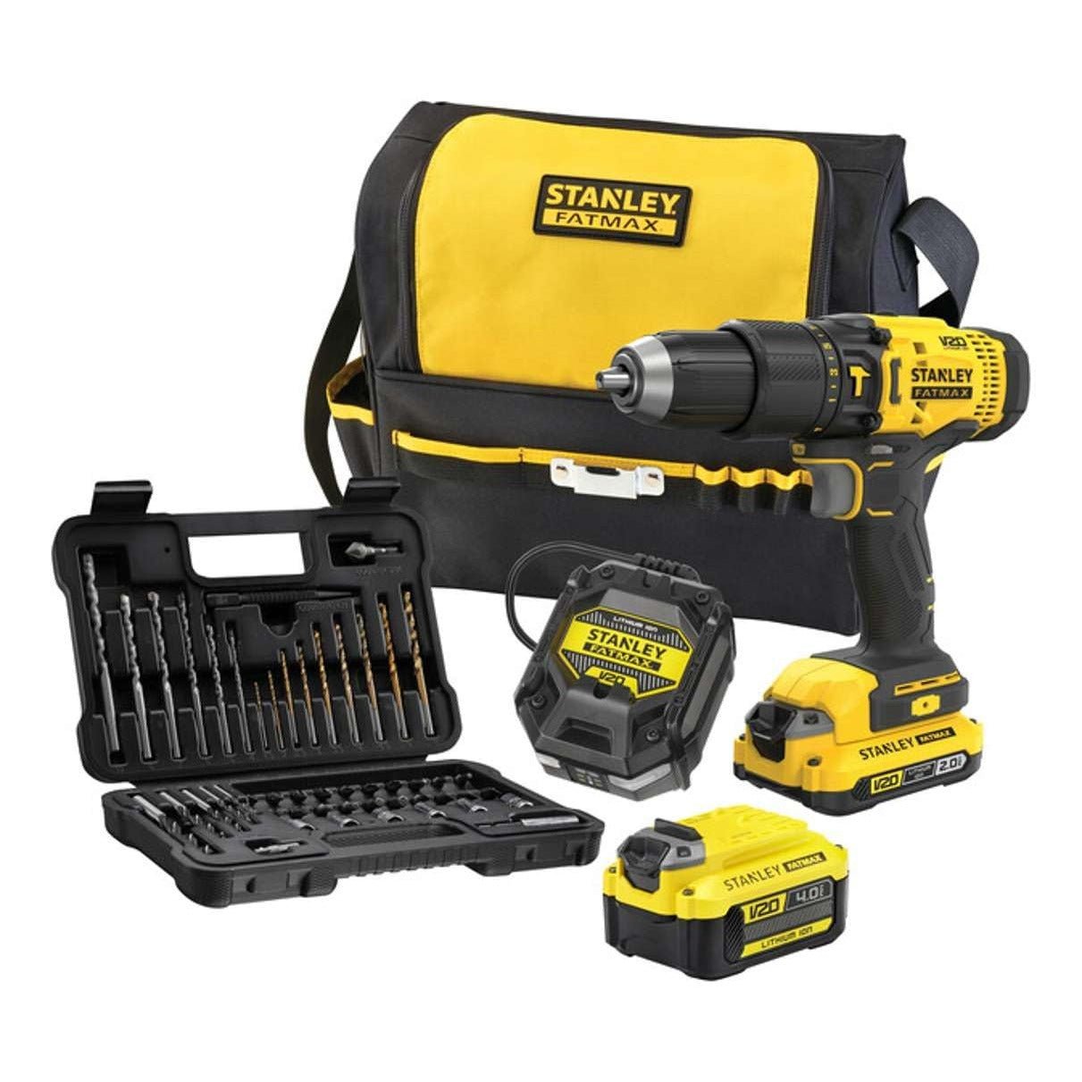 STANLEY FATMAX SFMCD711DMA-QW - Taladro Atornillador de Impacto V20, 18V, 2 velocidades, Incl. set de accesorios de 50 piezas, 1 batería de 2.0 Ah, 1 batería de 4.0 Ah y una bolsa de herramientas - Ferrotecnia