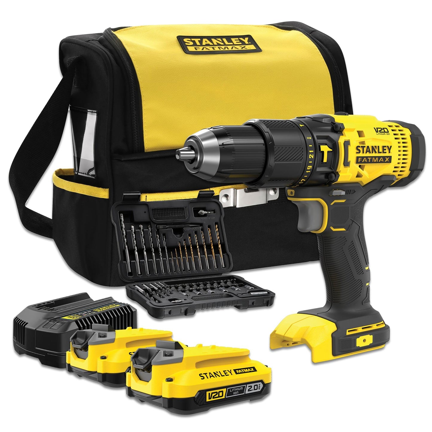 STANLEY FATMAX SFMCD711DSA-QW - Taladro Percutor 18V, Gama V20, 2 velocidades, Luz LED, Incl. juego de brocas y 50 piezas, 2 baterías recargables de 2,0 Ah, cargador y bolsa de herramientas