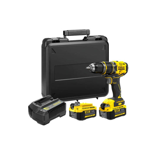 STANLEY FATMAX SFMCD721M2K-QW - Taladro Percutor 18V, Gama V20, Motor sin escobillas, Par máx. 80 Nm, Engranaje metálico de 2 velocidades, Luz LED, Incl. 2 baterías 4,0 Ah, cargador y maletín - Ferrotecnia