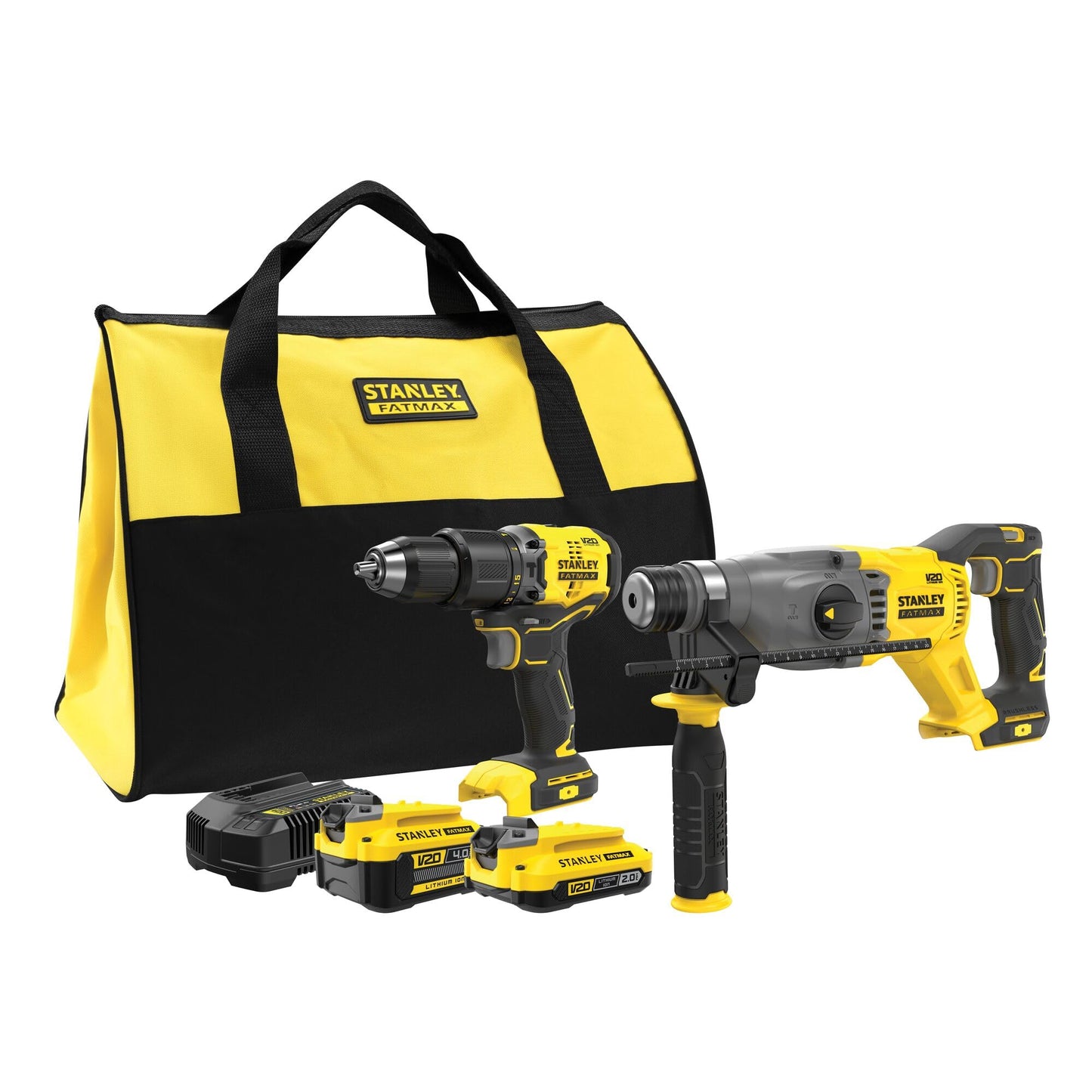 STANLEY Fatmax SFMCK216MDS-QW Set Softbag, SFMCD715 - Martillo perforador sin carbón SFMCH900 SDS+ destructor, 1 batería de 4 Ah, 1 batería de 2 Ah, cargador de 2 A