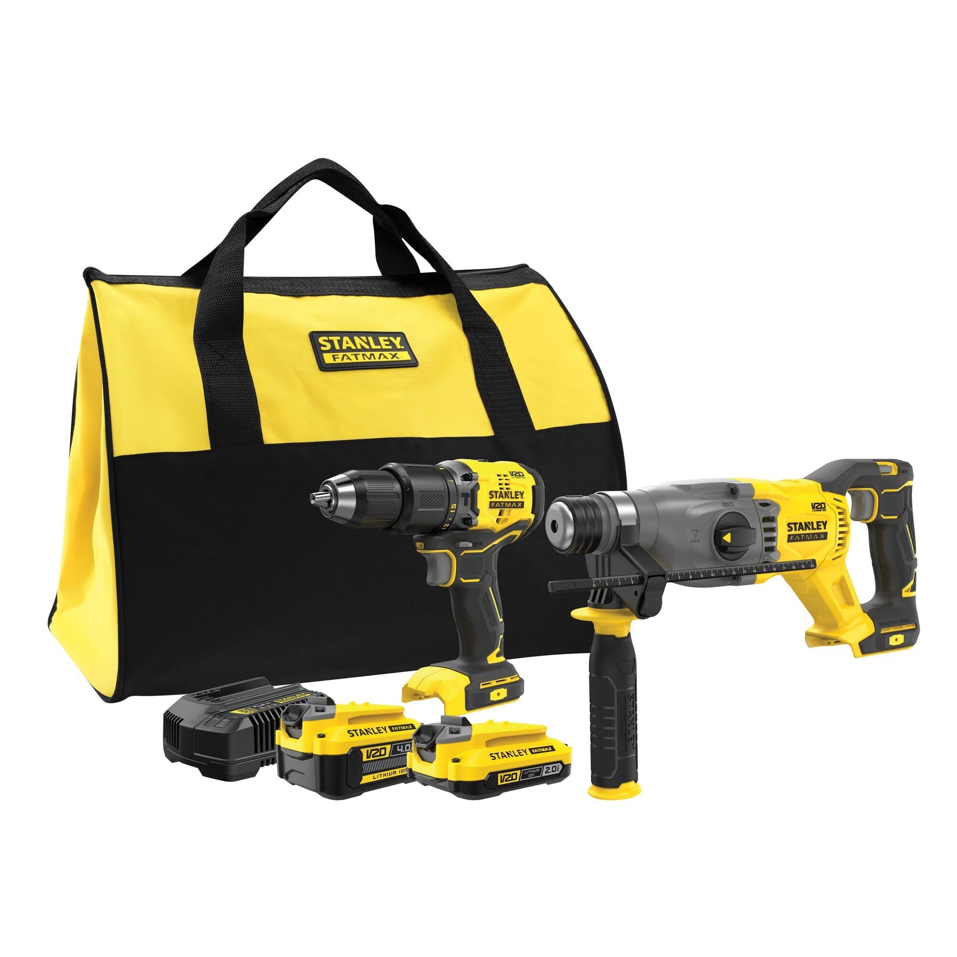 STANLEY Fatmax SFMCK216MDS-QW Set Softbag, SFMCD715 - Martillo perforador sin carbón SFMCH900 SDS+ destructor, 1 batería de 4 Ah, 1 batería de 2 Ah, cargador de 2 A