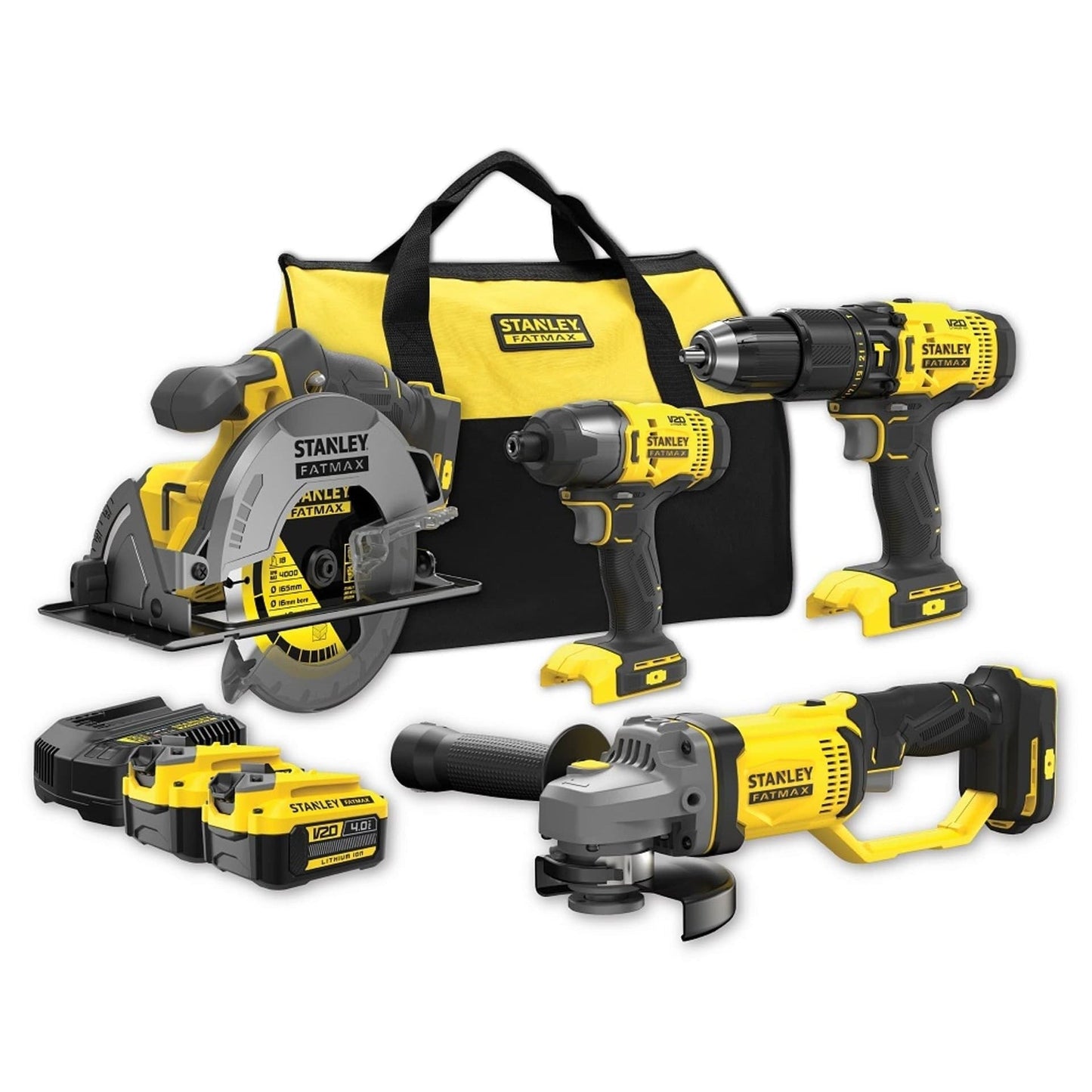 STANLEY FATMAX SFMCK469M2-QW - Kit combinado V20 (18 V, compuesto por Taladro Percutor, Sierra Circular de mano, Amoladora Angular, Atornillador de Impacto, Cargador y 2 baterías de 4,0 Ah) - Ferrotecnia