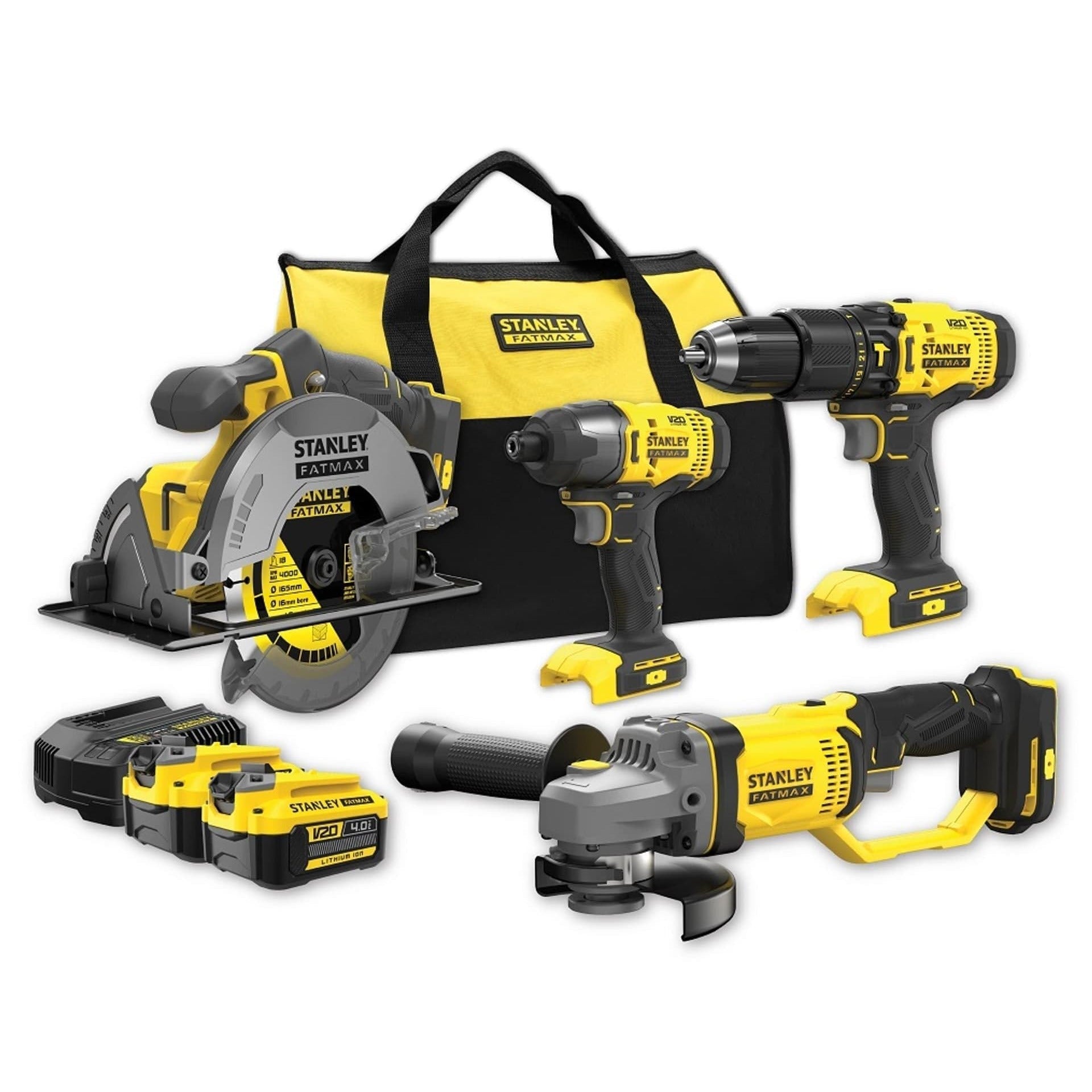 STANLEY FATMAX SFMCK469M2-QW - Kit combinado V20 (18 V, compuesto por Taladro Percutor, Sierra Circular de mano, Amoladora Angular, Atornillador de Impacto, Cargador y 2 baterías de 4,0 Ah) - Ferrotecnia