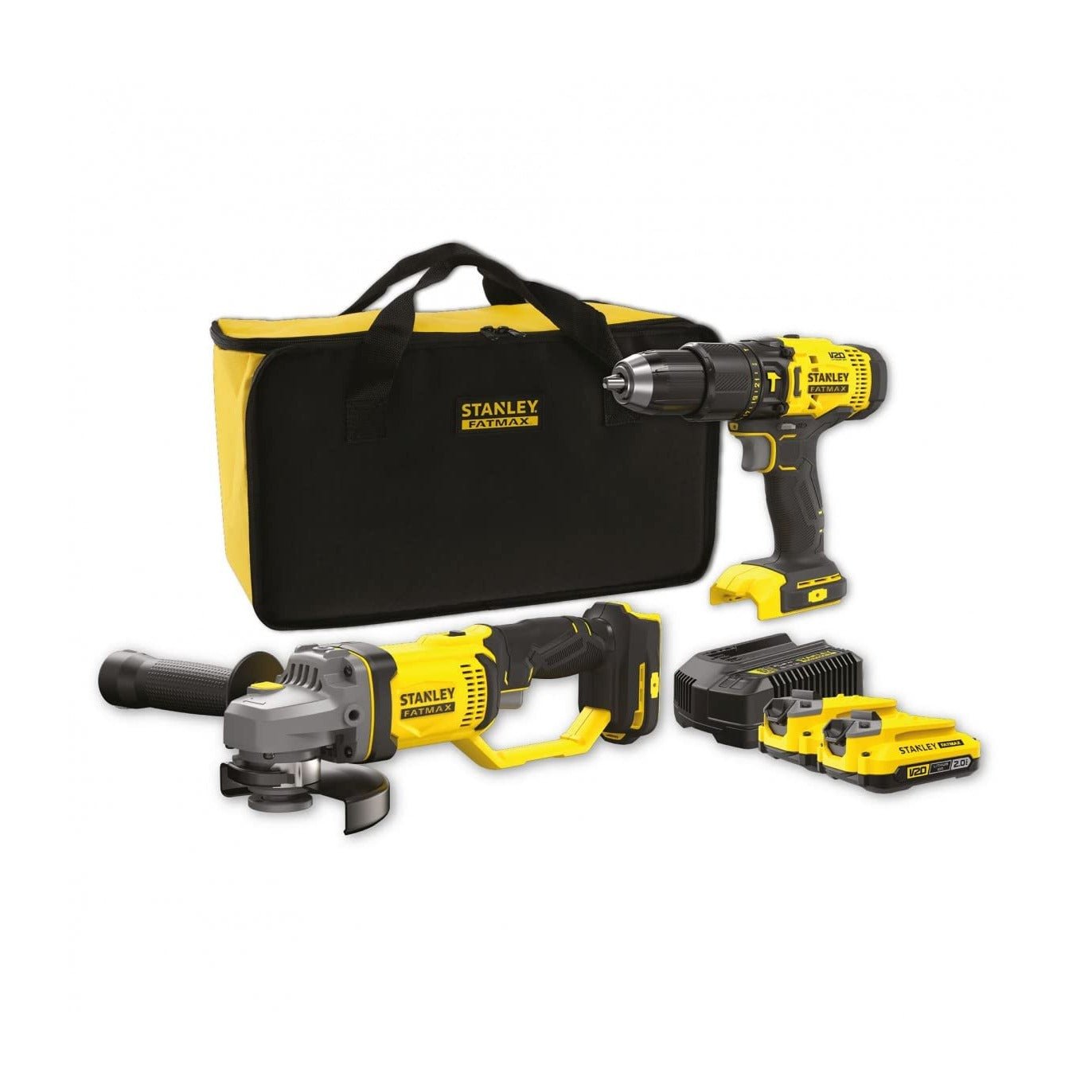 STANLEY FATMAX SFMCK471D2S-QW - Kit combinado V20 (Incluye Amoladora angular a batería de 125 mm, Taladro percutor a batería, cargador y 2 baterías de iones de litio de 2,0 Ah, estuche incluido) - Ferrotecnia