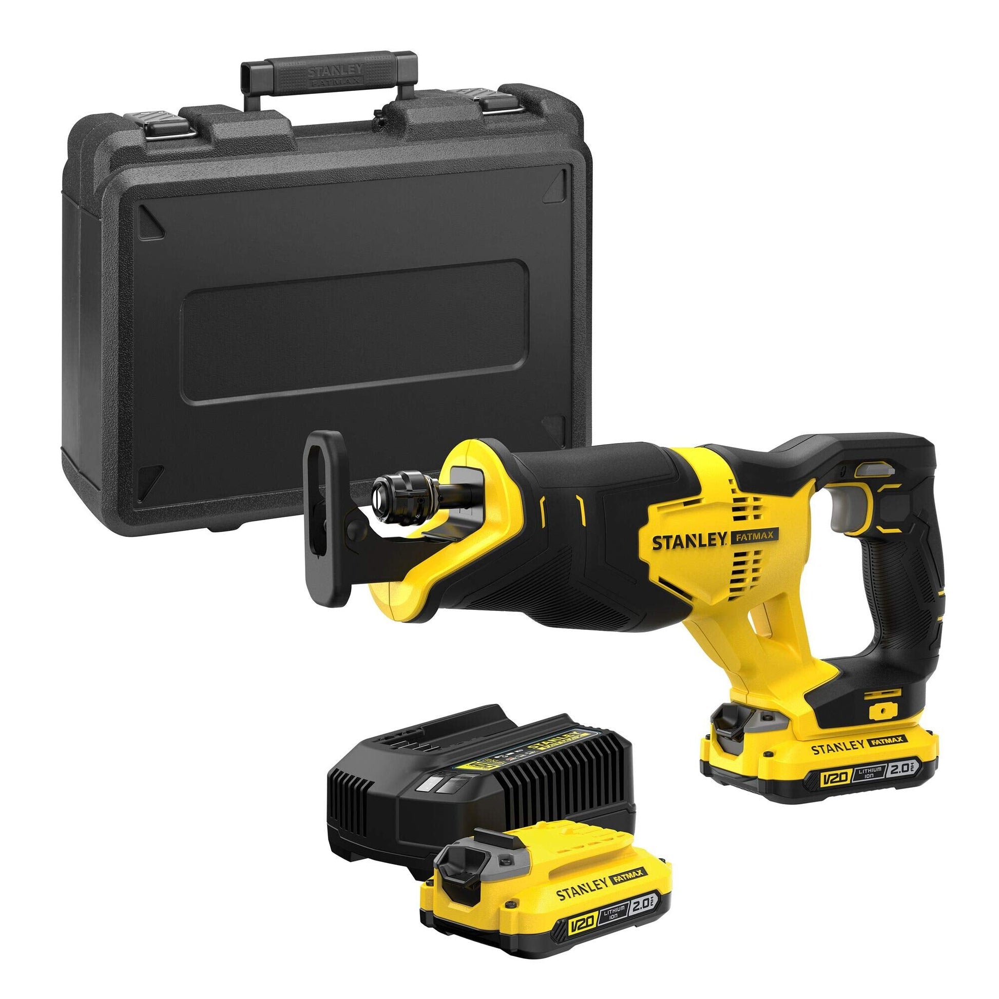 STANLEY FATMAX Sierra sable sin escobillas V20 Litio 18V, batería 2.0Ah, 2 velocidades variables, luz LED, incluye: maletín, cargador y 2 baterías, SFMCS310D2K-QW