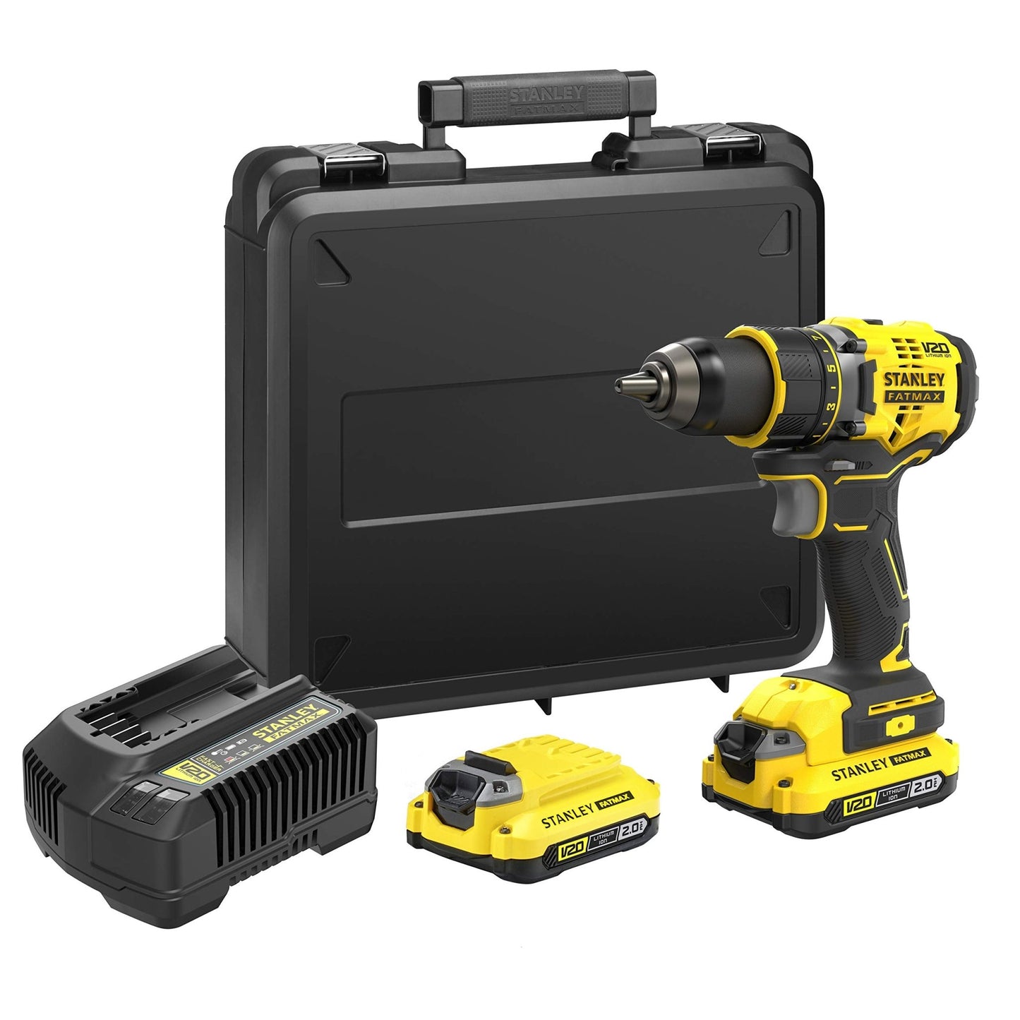 STANLEY FATMAX Taladro Atornillador V20 Litio 18V, Motor sin escobilla, Velocidad hasta 2100 rpm, Par máximo 80Nm, 1 Maletín, 2 Baterías 2Ah, 1 Cargador, Portabrocas 13mm, SFMCD720D2K-QW