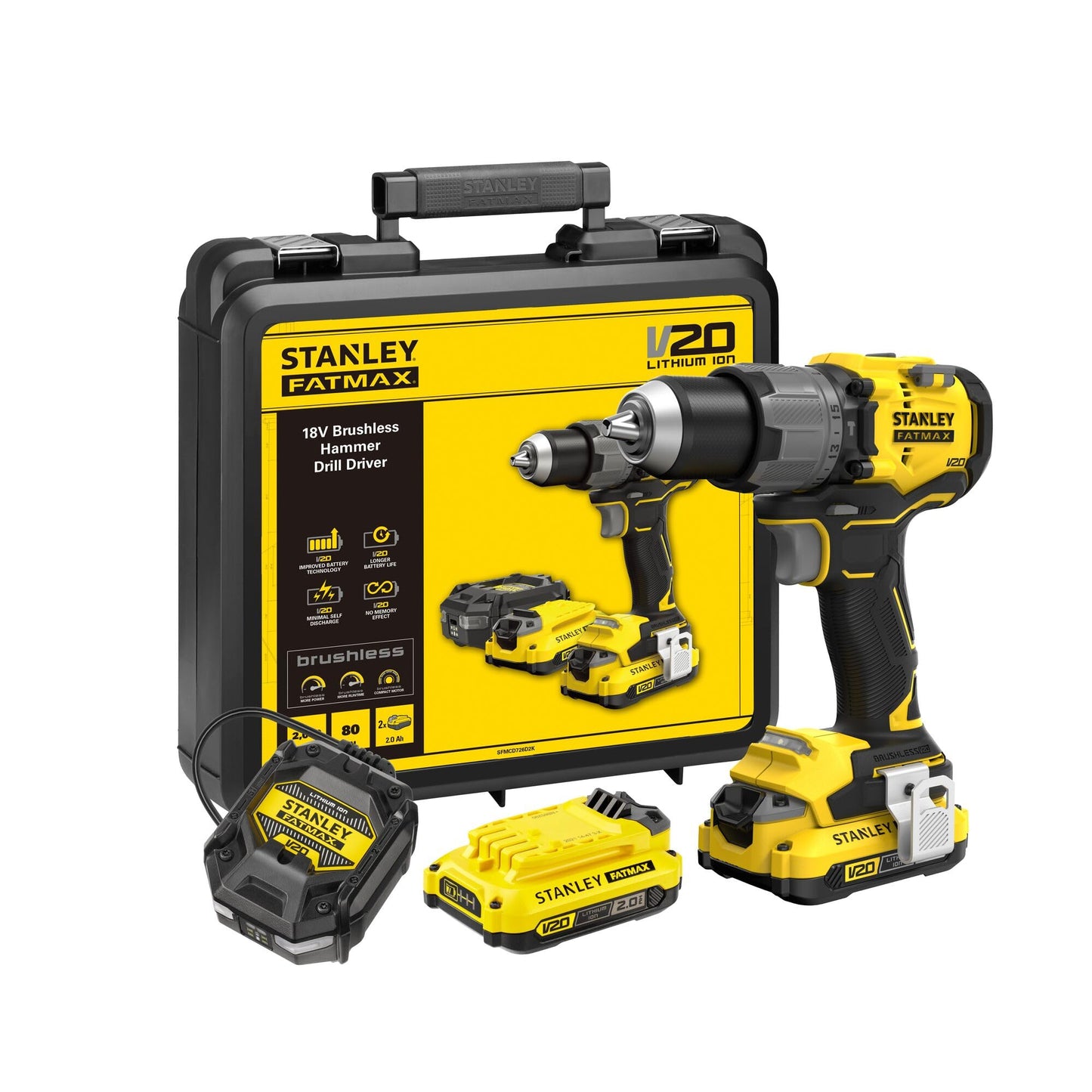 STANLEY FATMAX V20 18V Taladro percutor sin escobillas y sin cable con 2 baterías de iones de litio, cargador y maletín/caja de transporte
