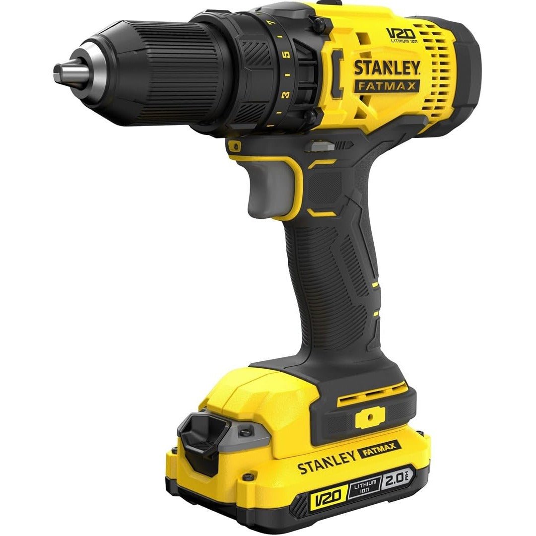 STANLEY FATMAX V20 - Taladro atornillador inalámbrico sin escobillas de 2 velocidades de 18 V, con 2 baterías de iones de litio, 2,0 Ah, cargador de 1,25 A, caja y 100 accesorios, SFMCD700D2A-QW - Ferrotecnia