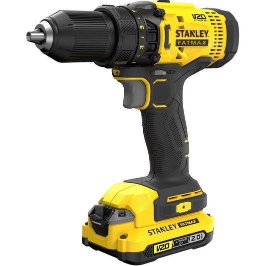STANLEY FATMAX V20 - Taladro atornillador inalámbrico sin escobillas de 2 velocidades de 18 V, con 2 baterías de iones de litio, 2,0 Ah, cargador de 1,25 A, caja y 100 accesorios, SFMCD700D2A-QW - Ferrotecnia
