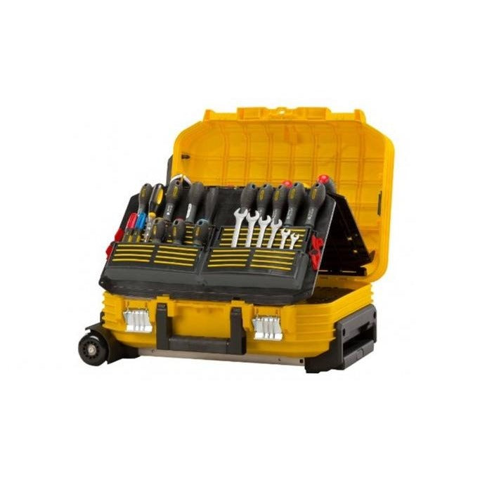 Stanley FMST1-75530-Maletín de herramientas con ruedas, reforzado con fibra de vidrio, estructura de acordeón, empuñadura telescópica con cubierta de goma. Incluye juego de herramientas de 104 piezas.