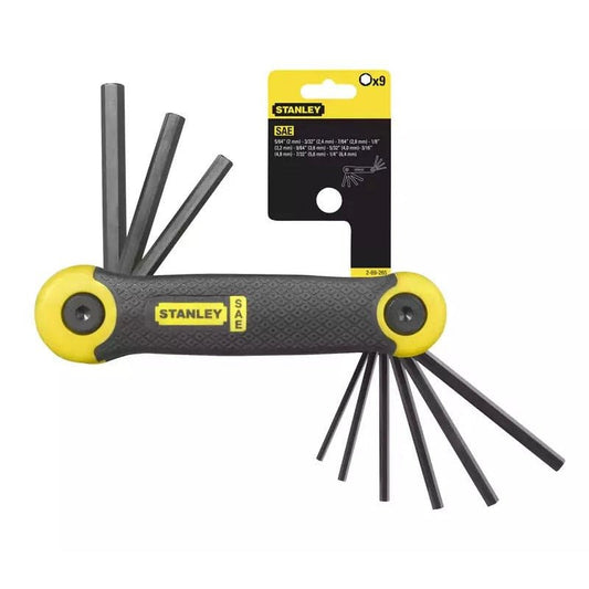 STANLEY Juego de 9 Llaves Hexagonales en Pulgadas (5/64'' - 1/4''), Cuerpo Ergonómico Recubierto de Caucho, Puntas Biseladas, Acabado en Fosfato Negro, 2-69-265 - Ferrotecnia