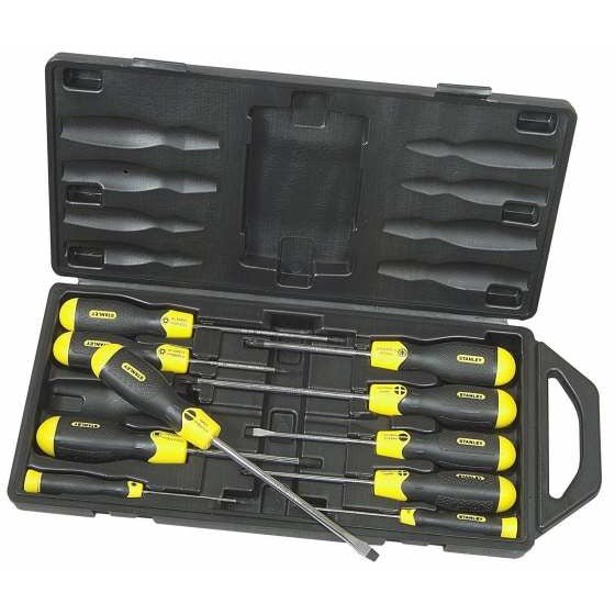 STANLEY Juego de Destornilladores, 10 Piezas, Punta Plana y Pozidriv, Mango Ergonómico, Estuche de Plástico Resistente, Amarillo y Negro, 2-65-014 - Ferrotecnia