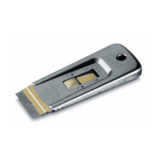 STANLEY Rascavidrios de calidad profesional, Anticorrosión y antiabrasión, Cuerpo metálico, Cuchilla rectangular y retráctil de 40 mm, Pulsador de latón, 0-28-500 - Ferrotecnia