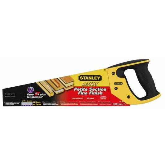 STANLEY Serruchos Jet Cut Fine para PVC, longitud de 550mm, Aserrado Rápido y Acabado Fino, Mango Ergonómico Bimateria, Marcas de 45° y 90°, 11 Dientes por Pulgada, 2-15-244 - Ferrotecnia