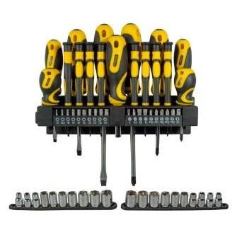 STANLEY Set de 57 Piezas, Destornilladores y Puntas de Destornillador de 25 mm, Juego de Vasos, Mangos Blandos Grandes, Hoja de Acero, Montable en Pared, STHT0-62143 - Ferrotecnia