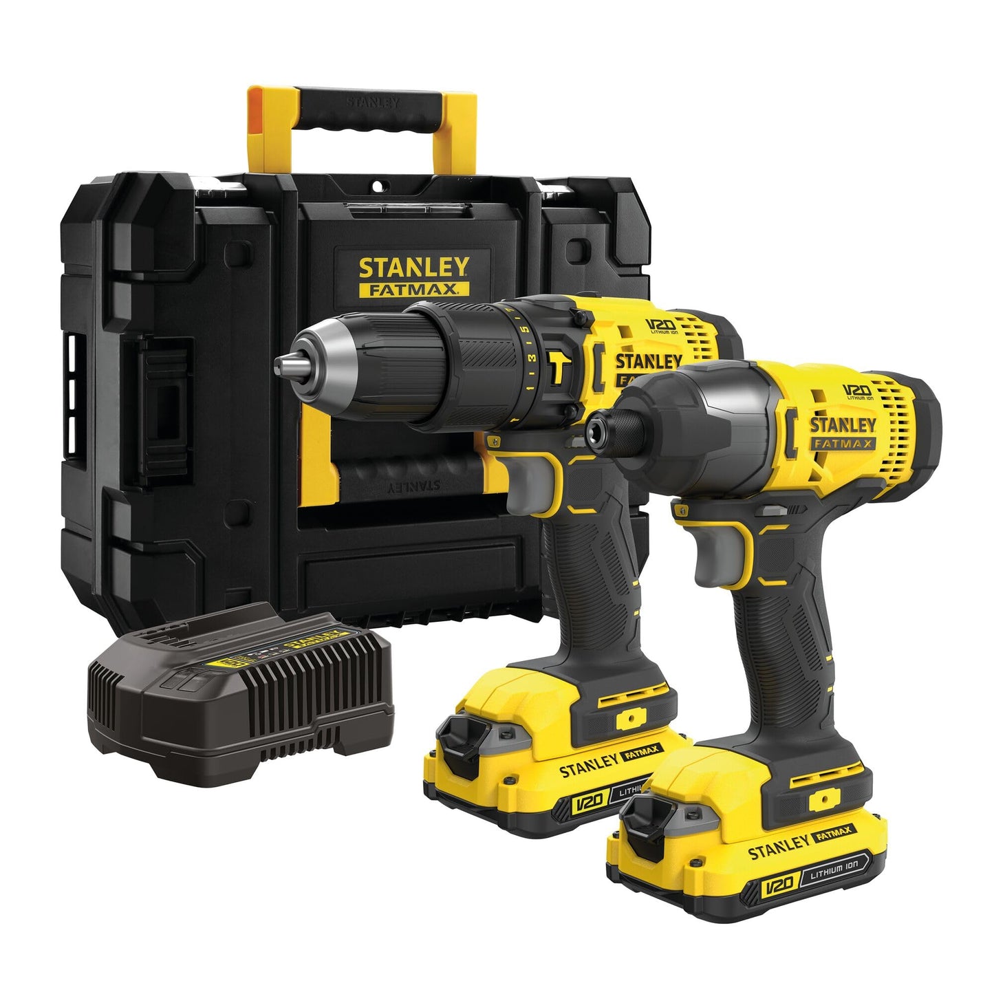 Stanley SFMCK465D2T-QW - Kit V20 FatMax 18V: taladro percutor, atornillador impacto, 2x2,0 Ah y TSTAK