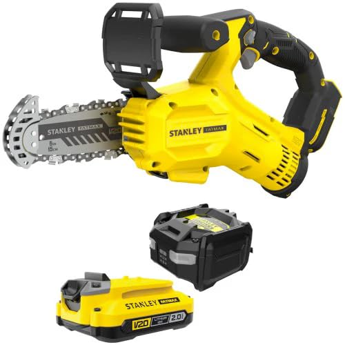STANLEY Sierra de cadena V20 SFMCPS415D1, 15 cm, batería 2.0 Ah incluida, potente y compacta, ideal para jardinería y corte de madera, STANLEY