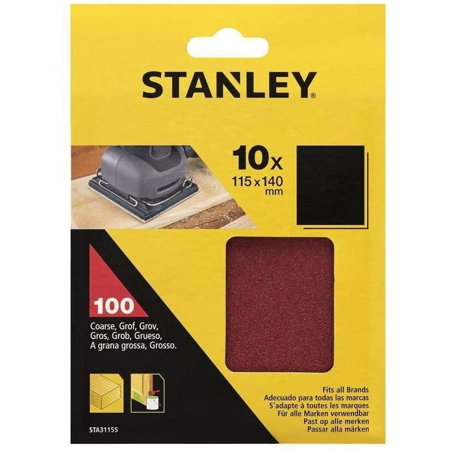 STANLEY STA31155-XJ - 10 hojas de lija sin perforar. 1/4 (115 x 140mm). Grano 60. Madera, pintura y baniz.