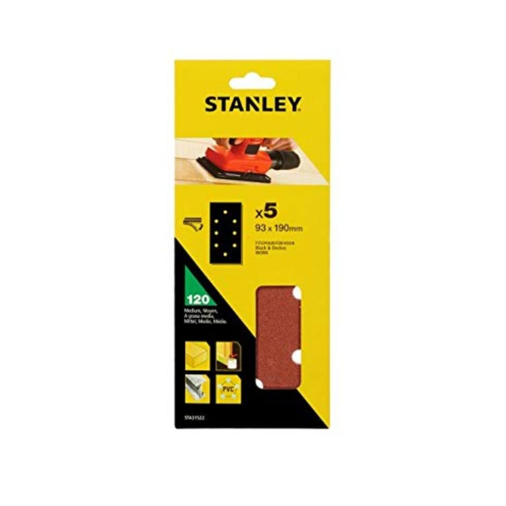STANLEY STA31522-XJ - 5 hojas de lija perforadas. 1/3 (93 x 190mm). Grano 120. Autoadherentes. Madera, pintura, barniz, yeso, metal y plástico.
