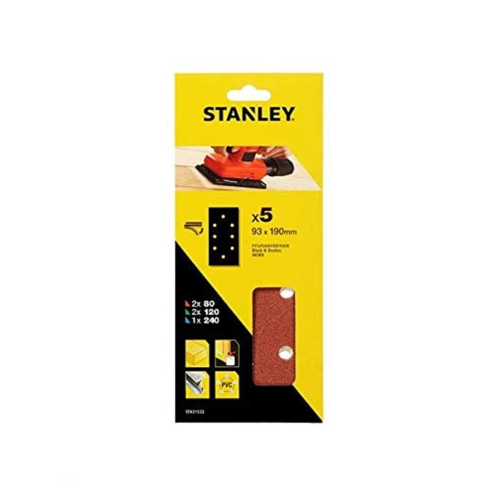 Stanley STA31532-XJ - 5 Hojas de Lija Perforadas, 1/3 (93 x 190 mm), Grano Surtido, Autoadherentes - Ferrotecnia