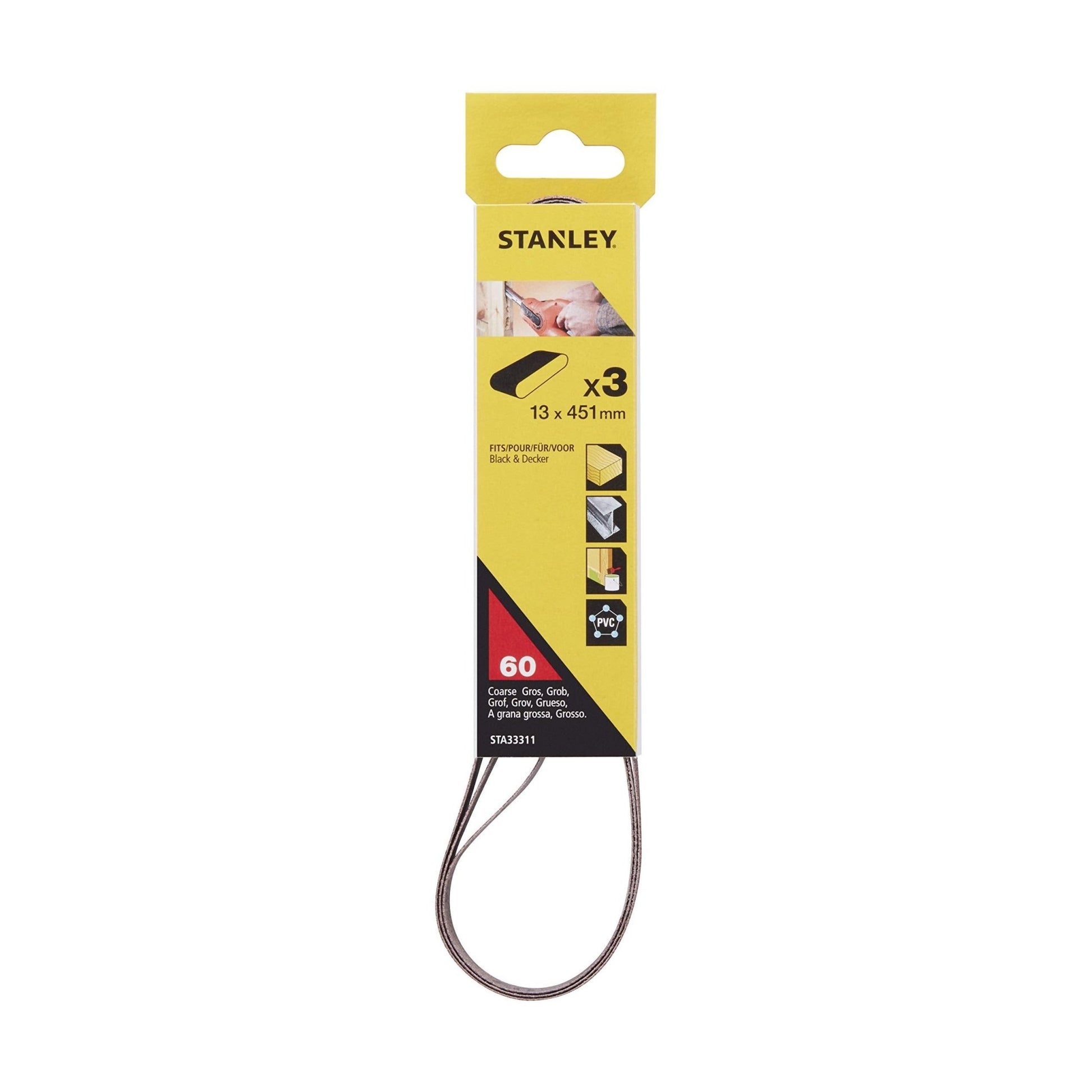 STANLEY STA33311-XJ - 3 Cintas para lima eléctrica 13 x 451mm. Grano 60. Para madera, metal, yeso, pintura, barniz. Larga Duración. - Ferrotecnia