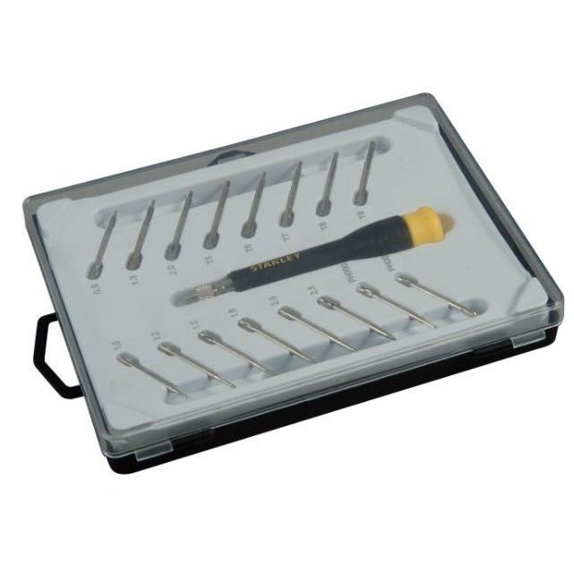 Stanley STHT0-62633 - Juego destornillador de precisión. 16 puntas intercambiables. Planas 1, 1.2, 1.5, 1.8, 2, 2.5. Phillips PH000 y PH00. Torx T5, T6, T7 y T8. Hexagonales 0.9, 1.3, 1.5 y 2 - Ferrotecnia