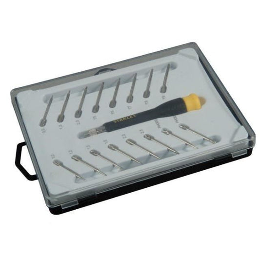 Stanley STHT0-62633 - Juego destornillador de precisión. 16 puntas intercambiables. Planas 1, 1.2, 1.5, 1.8, 2, 2.5. Phillips PH000 y PH00. Torx T5, T6, T7 y T8. Hexagonales 0.9, 1.3, 1.5 y 2 - Ferrotecnia