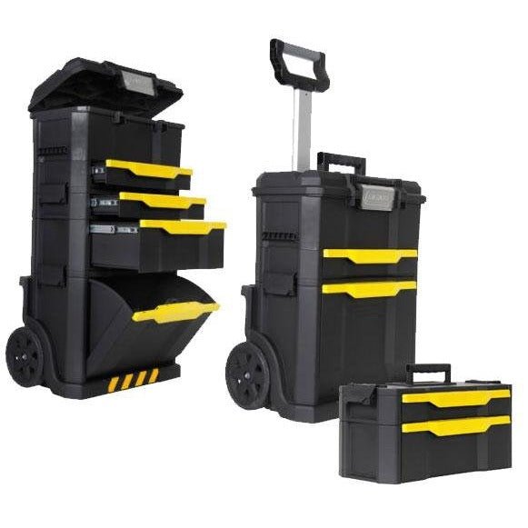 STANLEY Taller rodante Modular 3 en 1 apilable con Ruedas Resistentes, asa telescópica, organizadores Integrados y Capacidad de 35 kg, Ideal para Herramientas eléctricas y manuales, 1-79-206 - Ferrotecnia