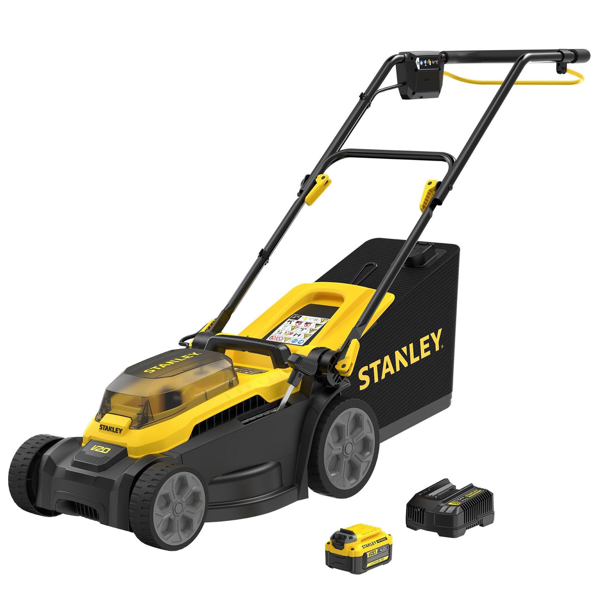 STANLEY V20 Cortacésped sin escobillas de 34 cm, incluye batería de iones de litio de 4 Ah y cargador de 2 A, 18 V, SCMWP3401M1-QW