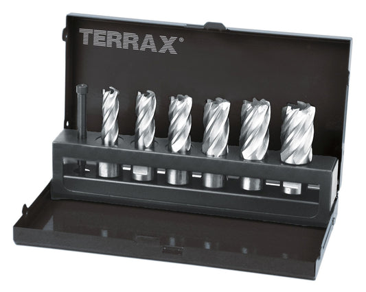 Terrax A108820 - Juego de 7 brocas huecas con vástago Weldon de 19 mm (6 brocas huecas + 1 guía-expulsor)