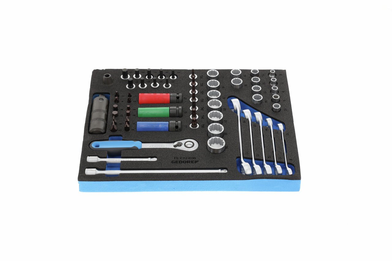 TS CT2-D30 - Juego de puntas, vasos y accesorios de 3/8" y 1/2" en módulo de espuma Check-Tool de doble cuerpo, 59 piezas - Ferrotecnia