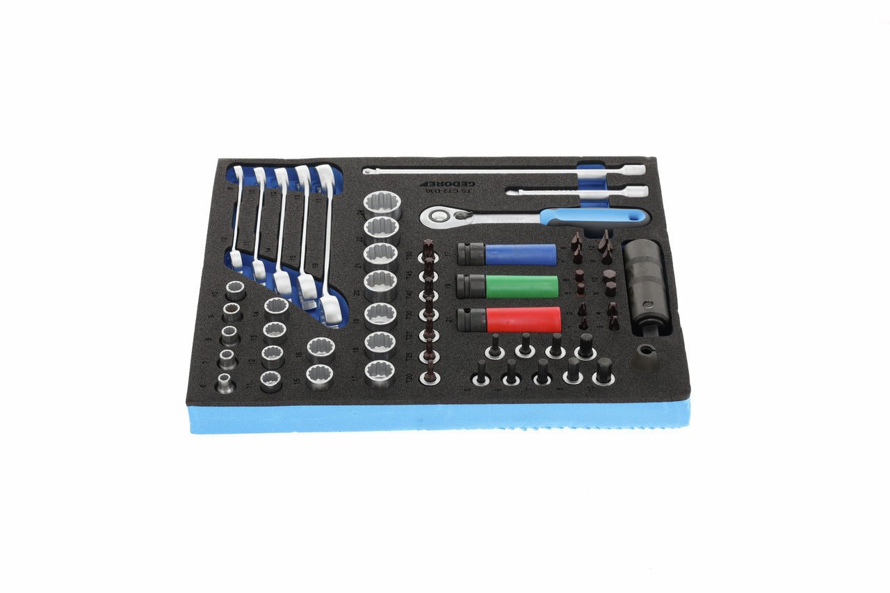 TS CT2-D30 - Juego de puntas, vasos y accesorios de 3/8" y 1/2" en módulo de espuma Check-Tool de doble cuerpo, 59 piezas - Ferrotecnia